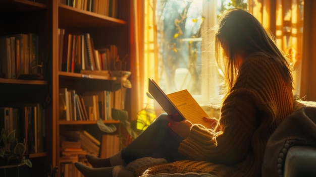 A woman reading a book in front of a window