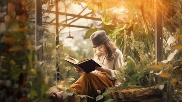 A woman reading a book in a garden