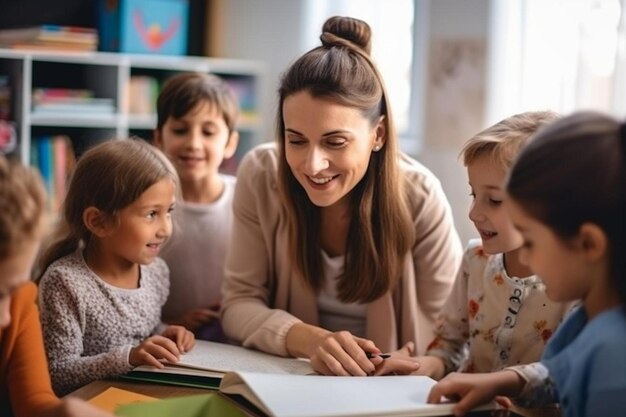 a woman reading a book to a group of children