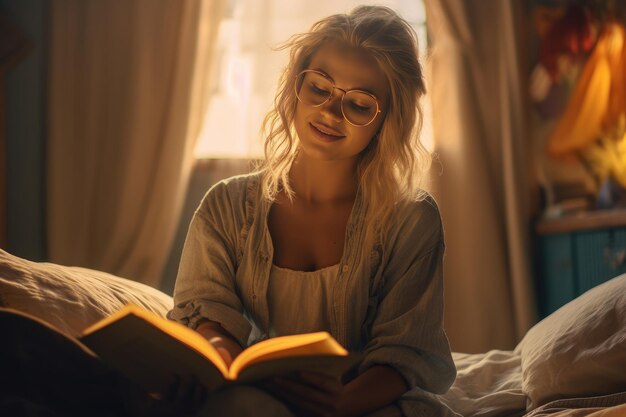 A woman reading a book on her bed