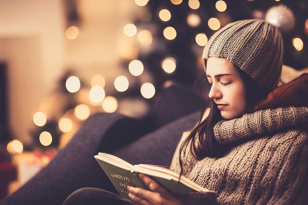 自宅の居心地の良いソファで本を読む女性の素晴らしい集中力とリラクゼーションの3Dイラスト