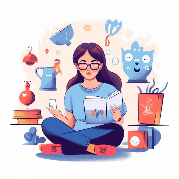 Woman reading a book at home Vector illustration in flat style