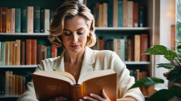 Foto donna che legge un libro in biblioteca