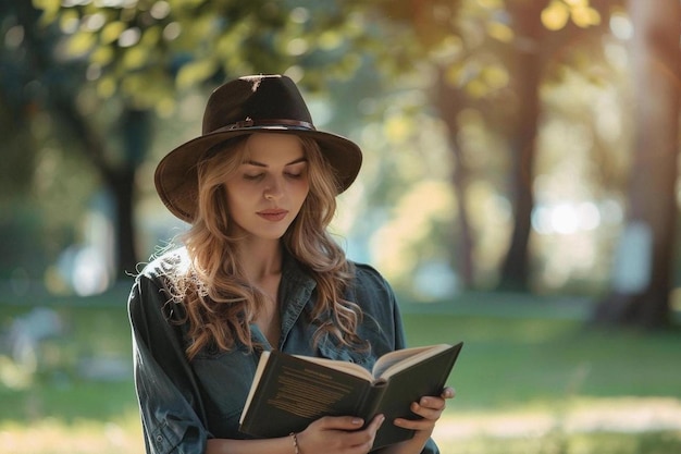 a woman reading a book in the park