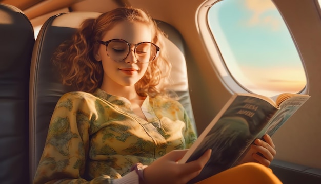 A woman reading a book on a plane