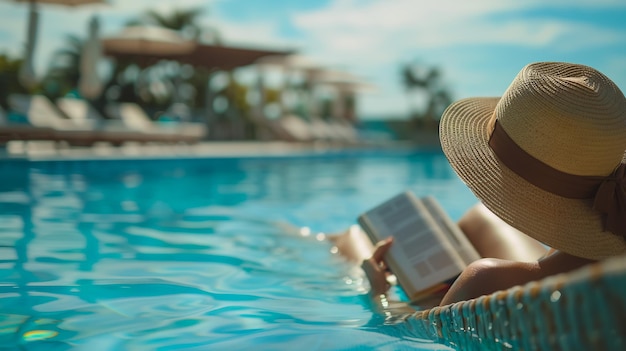 a woman reading a book in a pool with a hat on