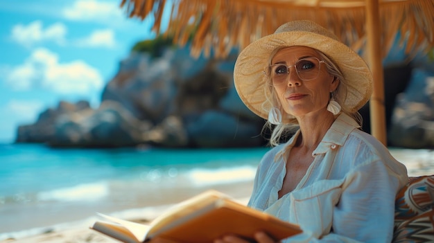 Woman reading book on tropical beach Young woman in straw hat and sunglasses relaxing on summer vacation