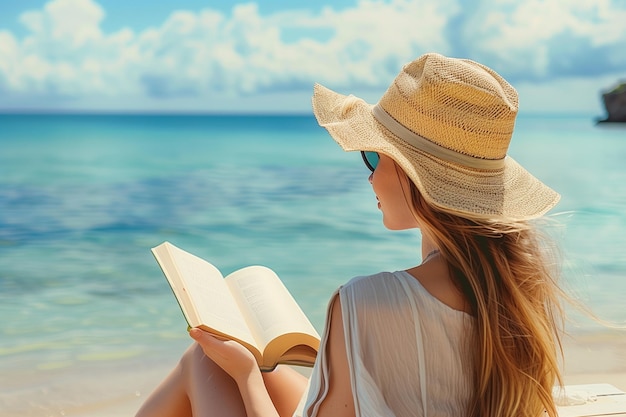 Woman reading book while relaxing at beach