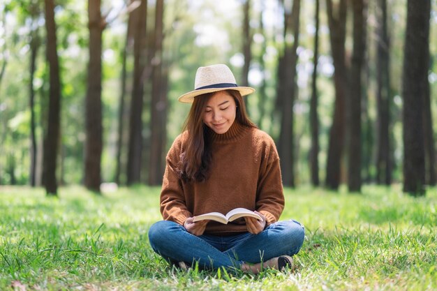 Woman reading book while sitting on grass in park