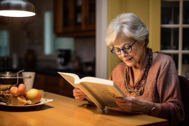 A woman reading a book while sitting at a table