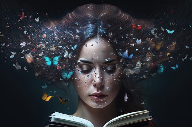 A woman reading a book with butterflies flying around her head.