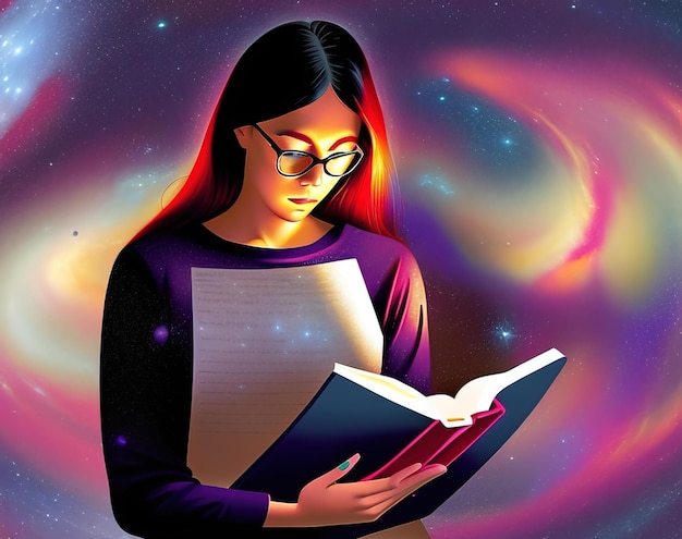 A woman reading a book with a colorful background and the words " the book " on the cover.