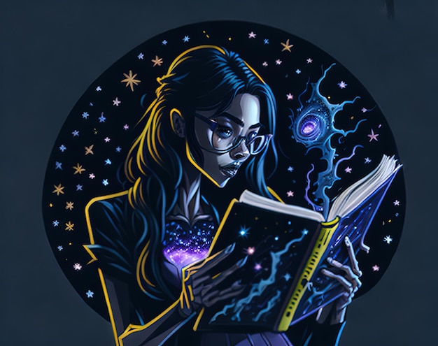 A woman reading a book with a galaxy on the cover.