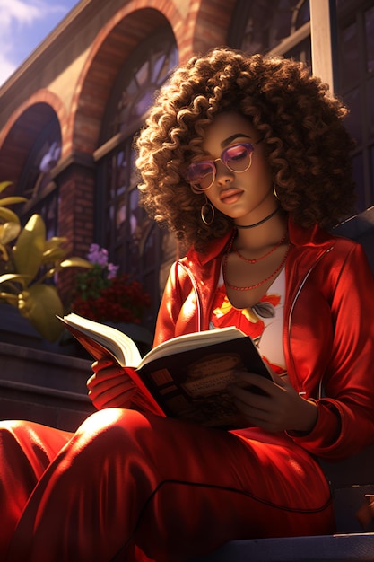 A woman reading a book with a red jacket on.