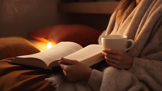 woman reading book with tea at home closeup