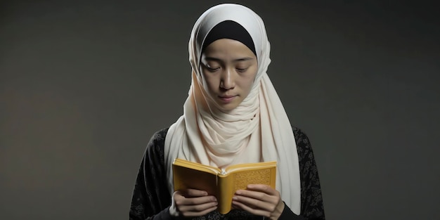 A woman reading a book with the word islam on it