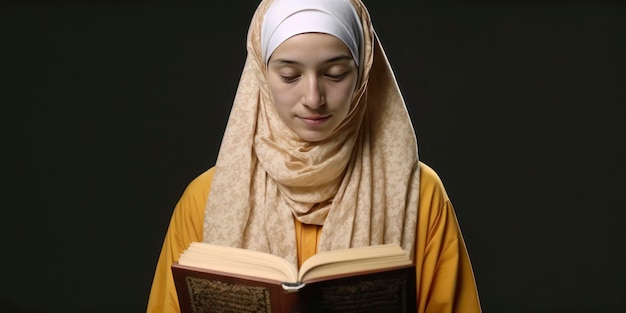 A woman reading a book with the word quran on it