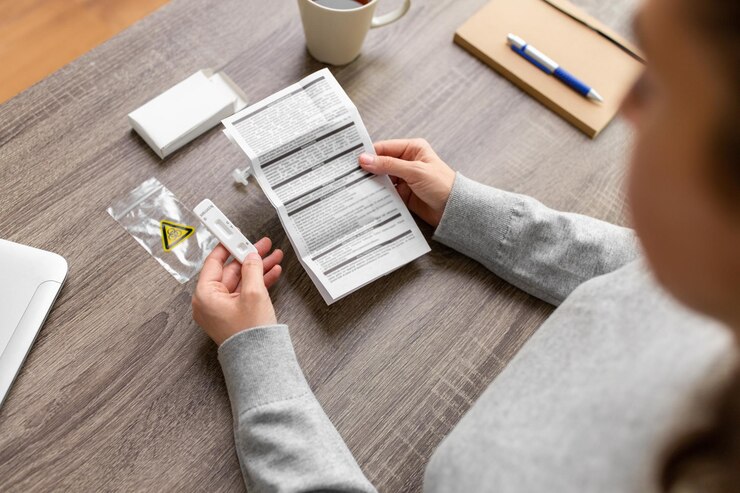Photo woman reading coronavirus test manual at home