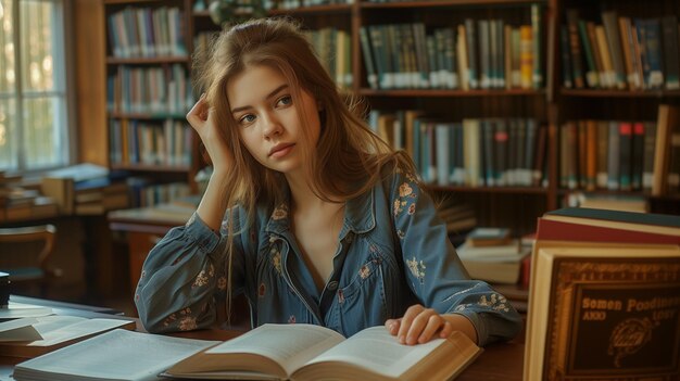 Woman reading in library with many sheet and paper on the table book shelves background