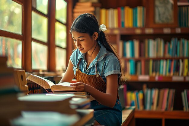 Foto donna che legge in una biblioteca