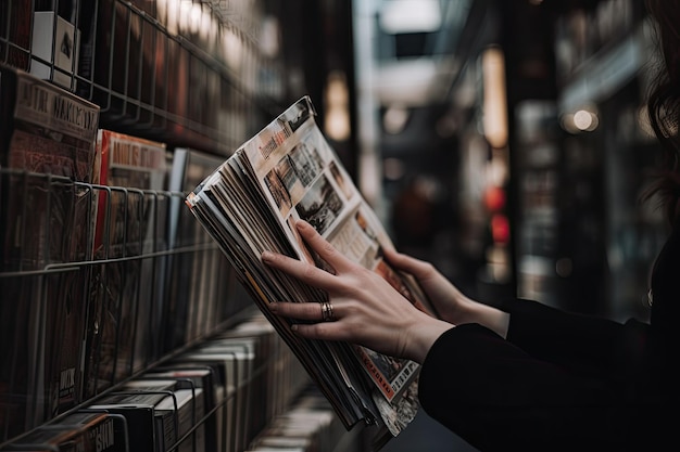 図書館で雑誌を読んでいる女性 女性の手が雑誌を握っている 女性の顧客の手が商品を調べているか ショッピングアイテムを握っているか