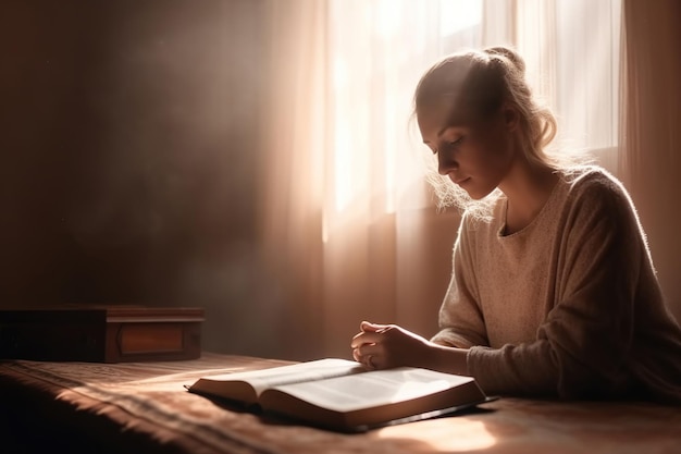 A woman reads the Bible and prays in a room by the window generation AI