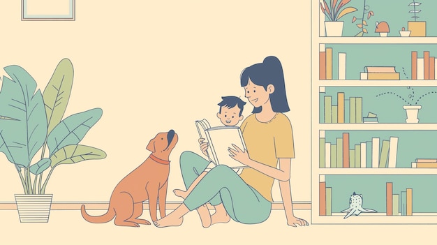 a woman reads a book to a child and reads a book