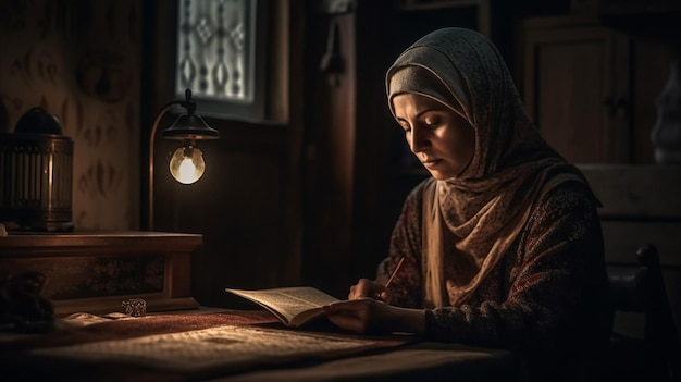 A woman reads a book in a dark room.