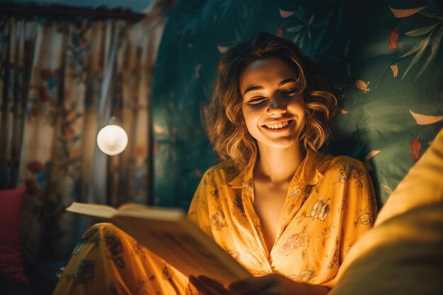 Photo a woman reads a book in her bed.