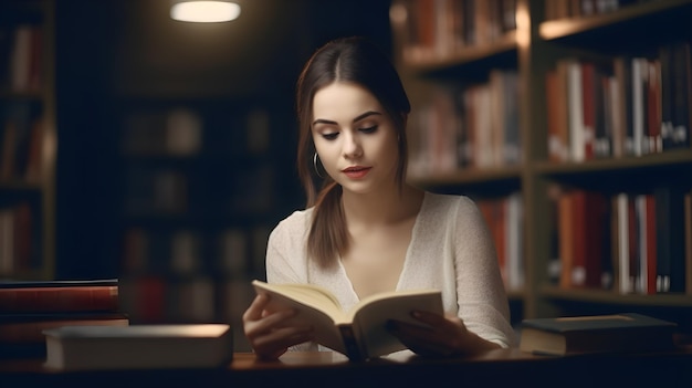 A woman reads a book in a library.