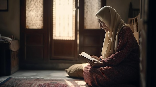 A woman reads a book in a room with a window behind her.