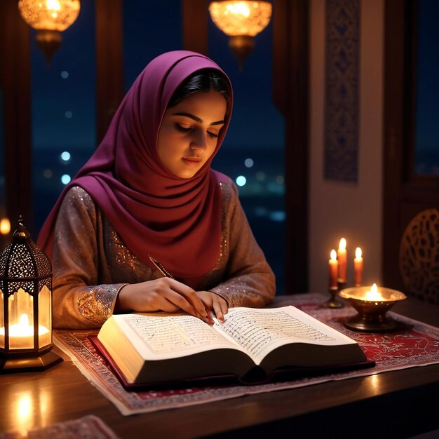 Photo a woman reads a book with candles in the background