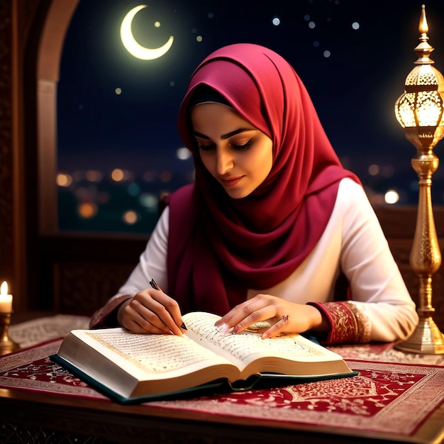 女性が月を背景にして本を読んでいる