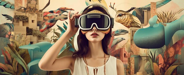 Foto occhiali di realtà femminile pianeta tecnologia futura viaggio virtuale vr astratto digitale ia generativa