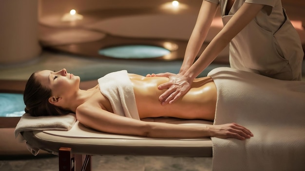 Photo woman receiving abdomen massage in spa wellness center