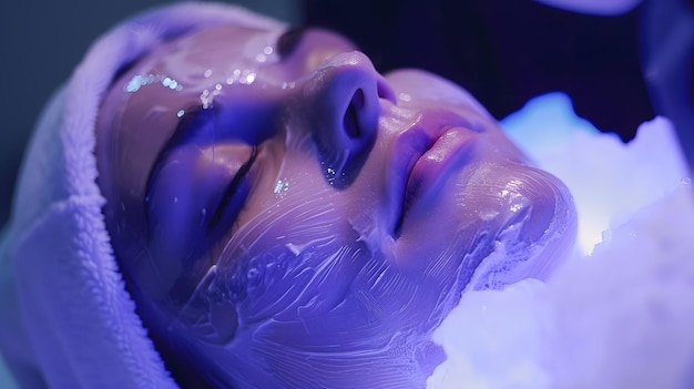 Photo a woman receiving an electric blue light treatment on her face underwater