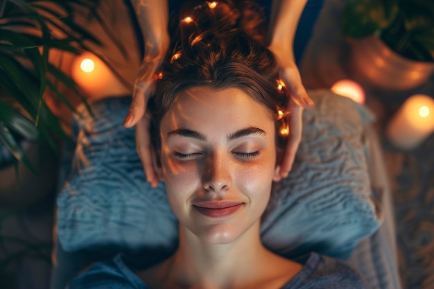 Photo woman receiving facial massage at spa