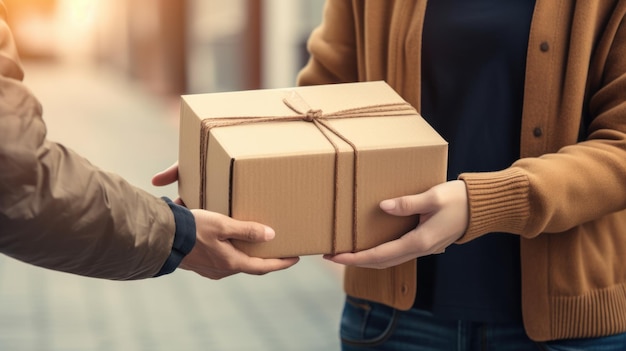 Woman receiving parcel box from delivery man at home