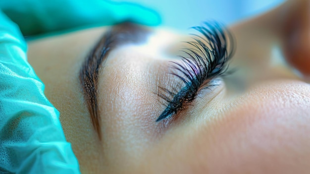 A woman receiving a permanent tattoo on her forehead in a beauty salon surrounded by eyelash extensions and makeup