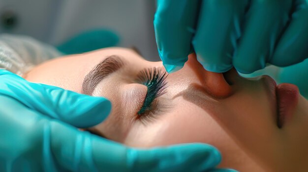 A woman receiving a permanent tattoo on her forehead in a beauty salon surrounded by eyelash extensions and makeup