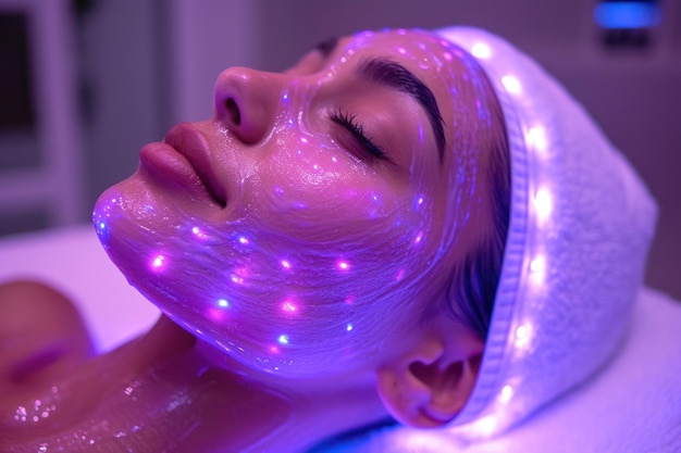 Woman Receiving Spectrum LED Light Therapy for Skin Cleaning extreme closeup Generative AI