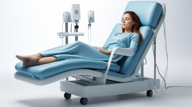 A woman reclines in a chair with an IV attached receiving medical treatment