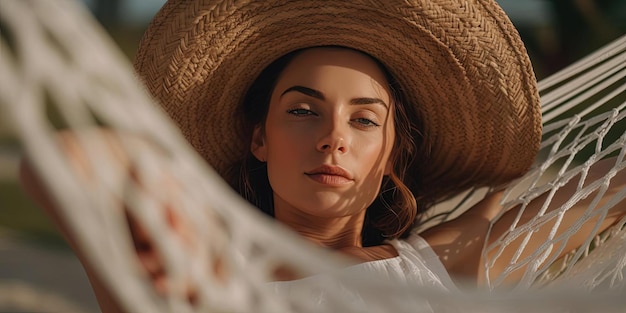 woman reclining in hammock with hat on in the style of beach portraits