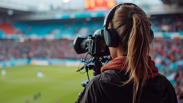 カメラでスタジアムでサッカーの試合を録音する女性