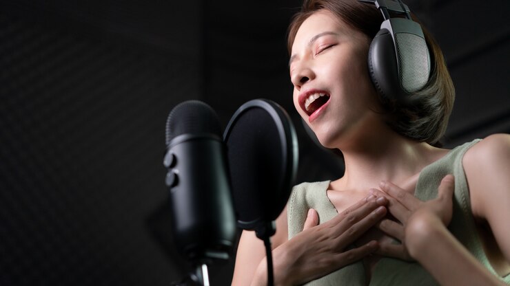 Photo 스튜디오에서 노래 또는 스토리 텔링을 녹음하는 여성.