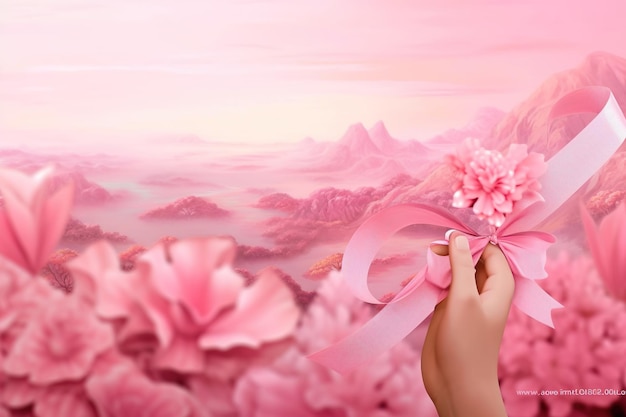 Woman recovering breast cancer breast cancer awareness ribbon with beautiful background AI Generated