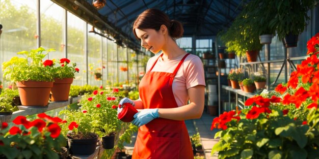 Woman in a red apron working in a greenhouse