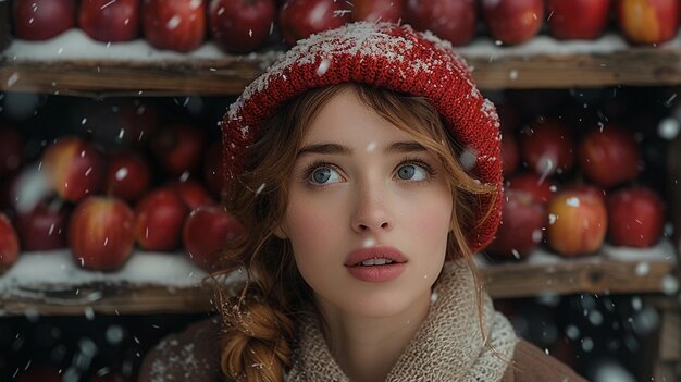 Woman in red beanie selecting apples during snowy day