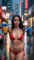 Photo a woman in a red bikini stands in the rain