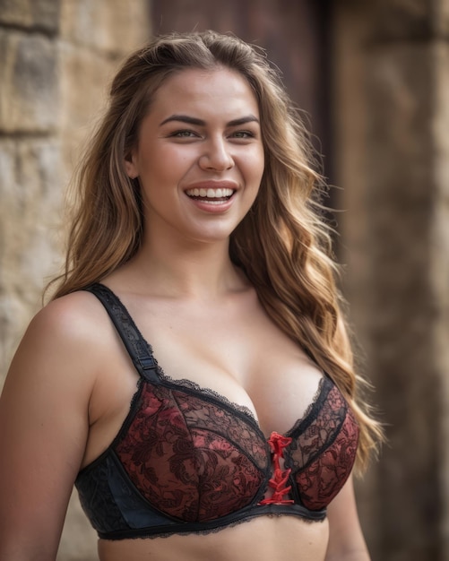 Photo a woman in a red and black bra posing for the camera